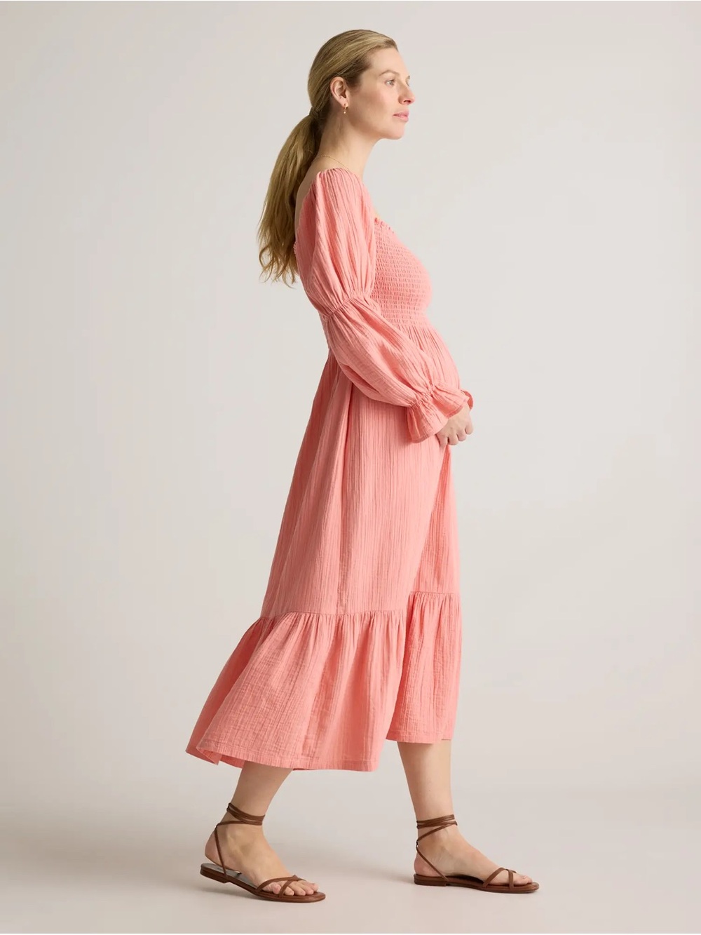 Quince Women's Smocked Bodice Long Sleeve Midi Maternity Dress - Coral pink - Picture 8 of 11